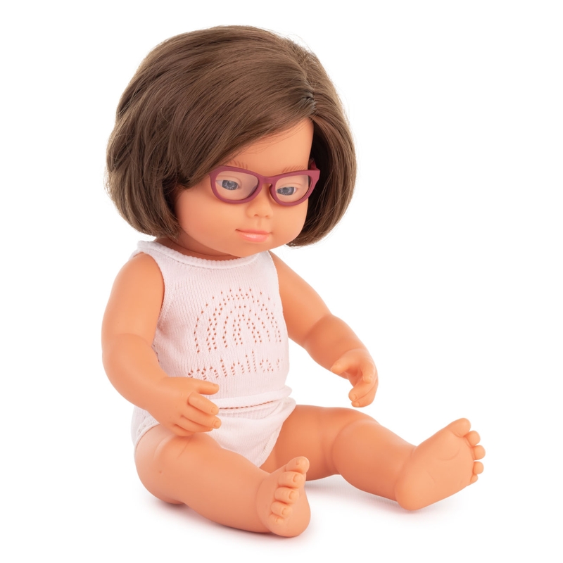 Puppe Mädchen mit Down-Syndrom &amp; Brille 38cm