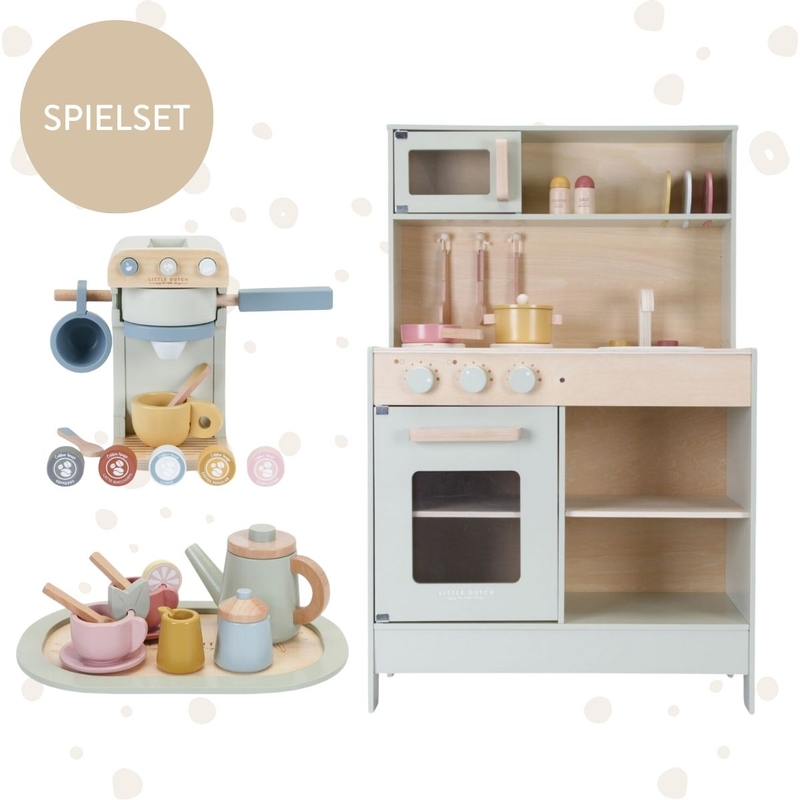 Spielset mit Holzküche, Kaffeemaschine &amp; Teeset